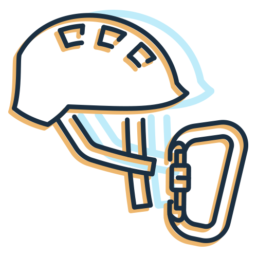 Icon of a rock climbing helmet and carabiner.