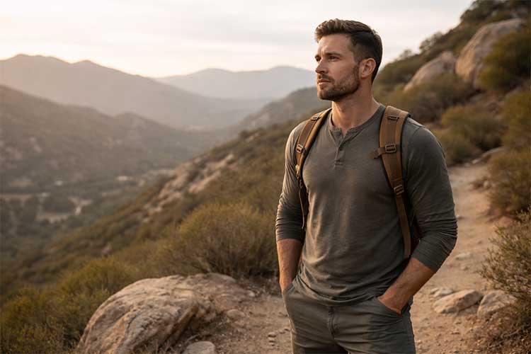 Man standing on a rugged Southern California trail, representing authentic masculinity, self-awareness, purpose, and emotional strength in recovery.