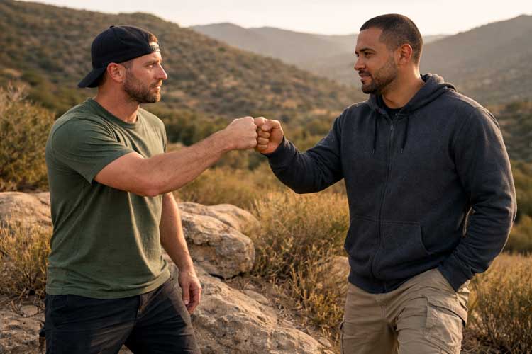 Two adult men sharing a fist bump outdoors in Southern California, representing brotherhood, trust, and support in men’s recovery.
