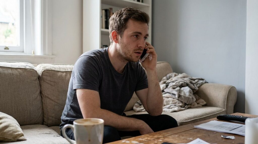 Man on phone call verifying insurance coverage for rehab