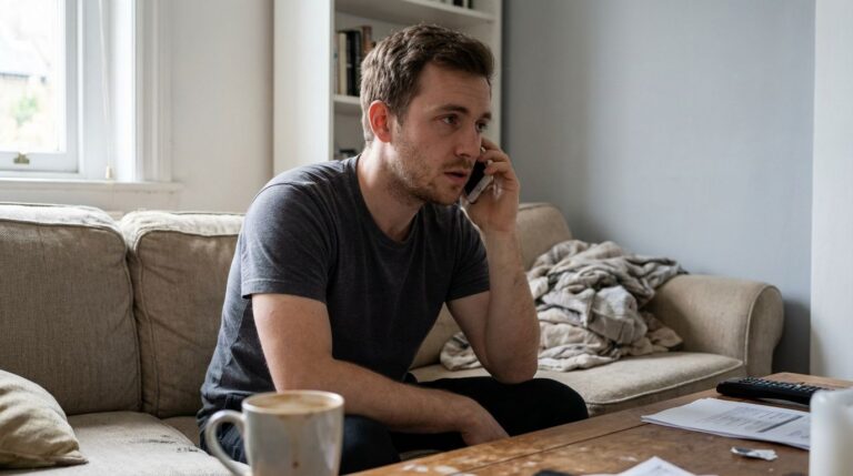 Man on phone call verifying insurance coverage for rehab