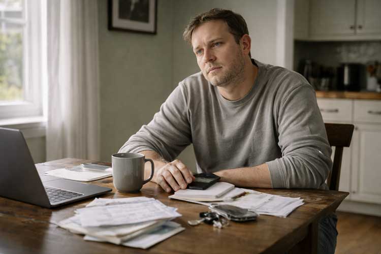 Adult man sitting at table alone indoors looking thoughtful and disconnected, representing how many men quietly lose their sense of purpose.