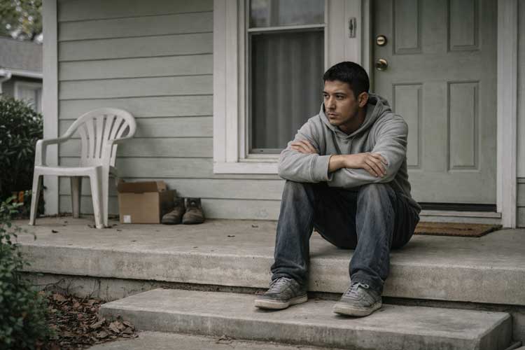 Latino man sitting alone on a front porch looking withdrawn and guarded during a difficult time.