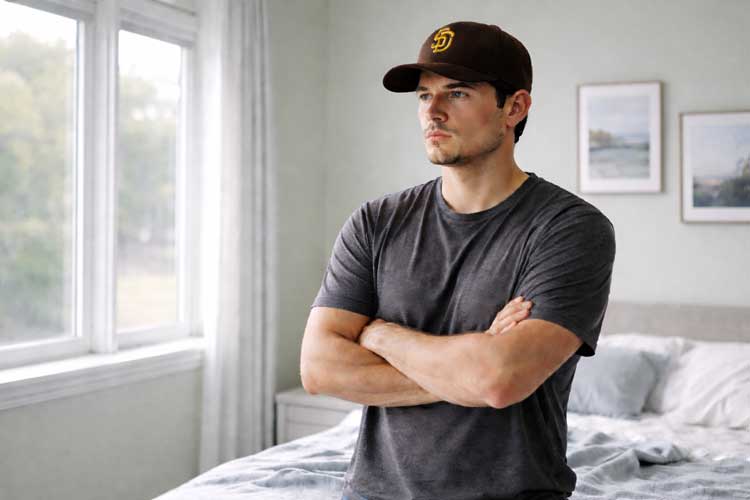 Adult man standing quietly with a guarded expression, representing the difference between strength and emotional suppression in men’s recovery.