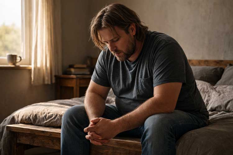 Adult man sitting quietly and looking weighed down, representing emotional suppression and why many men struggle to talk about their feelings.